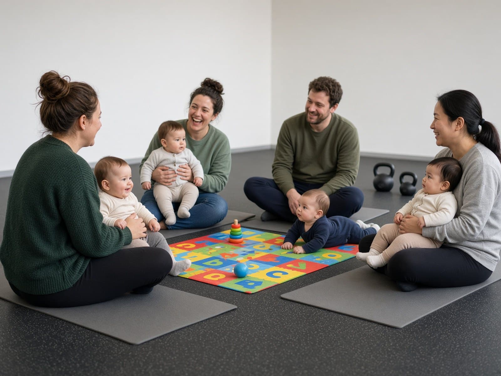 Illustration of three mums and a dad sitting on exercise mats in a circle with their babies, a play mat of toys in the middle